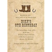 30 Invitations Brown Vintage Cowboy Boots Horseshoe Western Design Birthday Party Personalized Cards + 30 White Envelopes