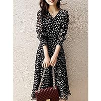 Women's Dresses Women's Allover Print Dress with Polka Dot Pattern and Contrast Mesh Details Dress for Women (Color : Black, Size : X-Large)