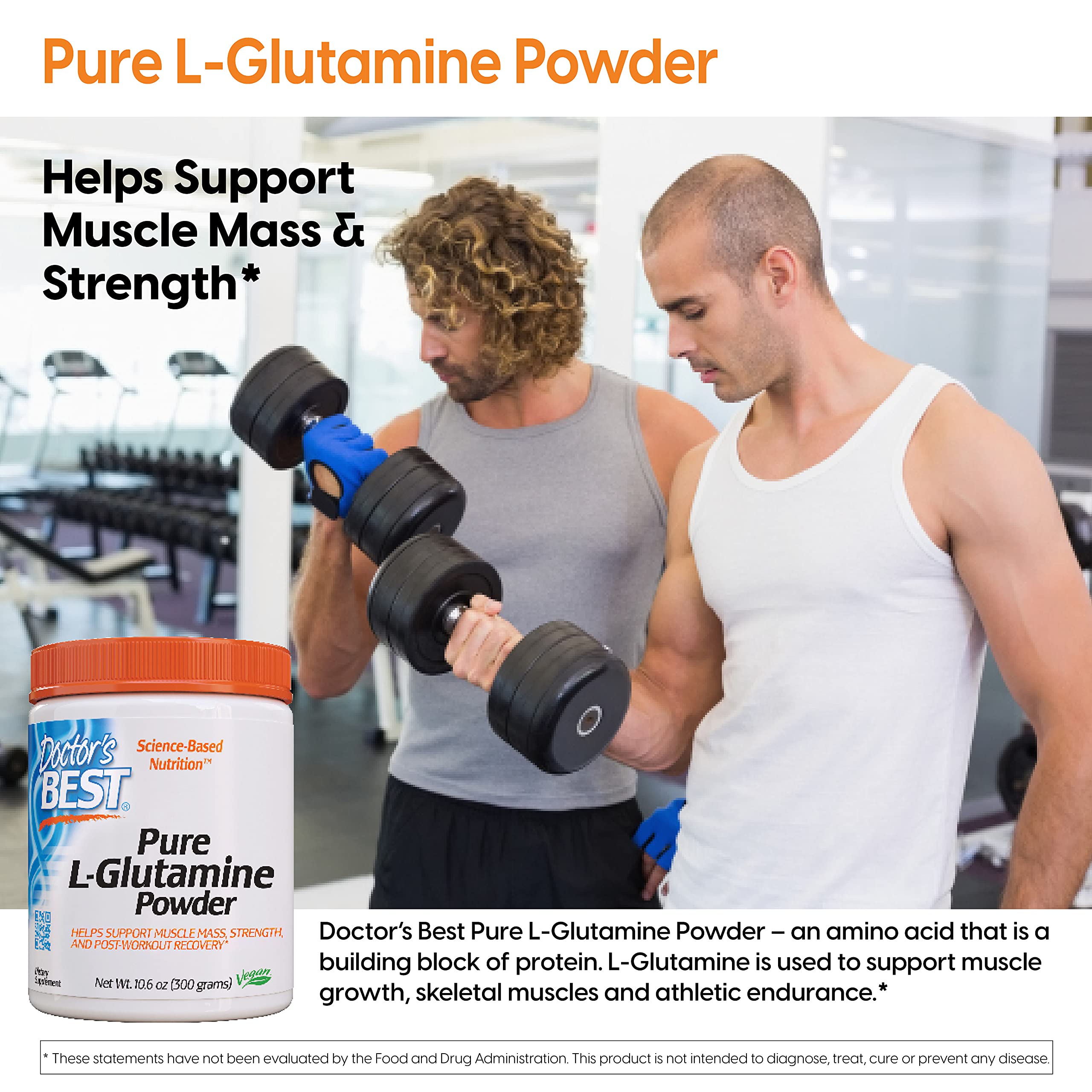 Doctor's Best Pure L-Glutamine Powder, Supports Muscle Mass, Strength & Post-Workout Recovery, Amino Acid, 300g