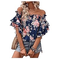 SOLY HUX Women's Floral Print Blouse Off Shoulder Ruffle Trim Half Sleeve Summer Tops