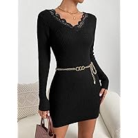 TLULY Sweater Dress for Women Guipure Lace Panel Cut Out Back Sweater Dress Without Belt Sweater Dress for Women (Color : Black, Size : Medium)
