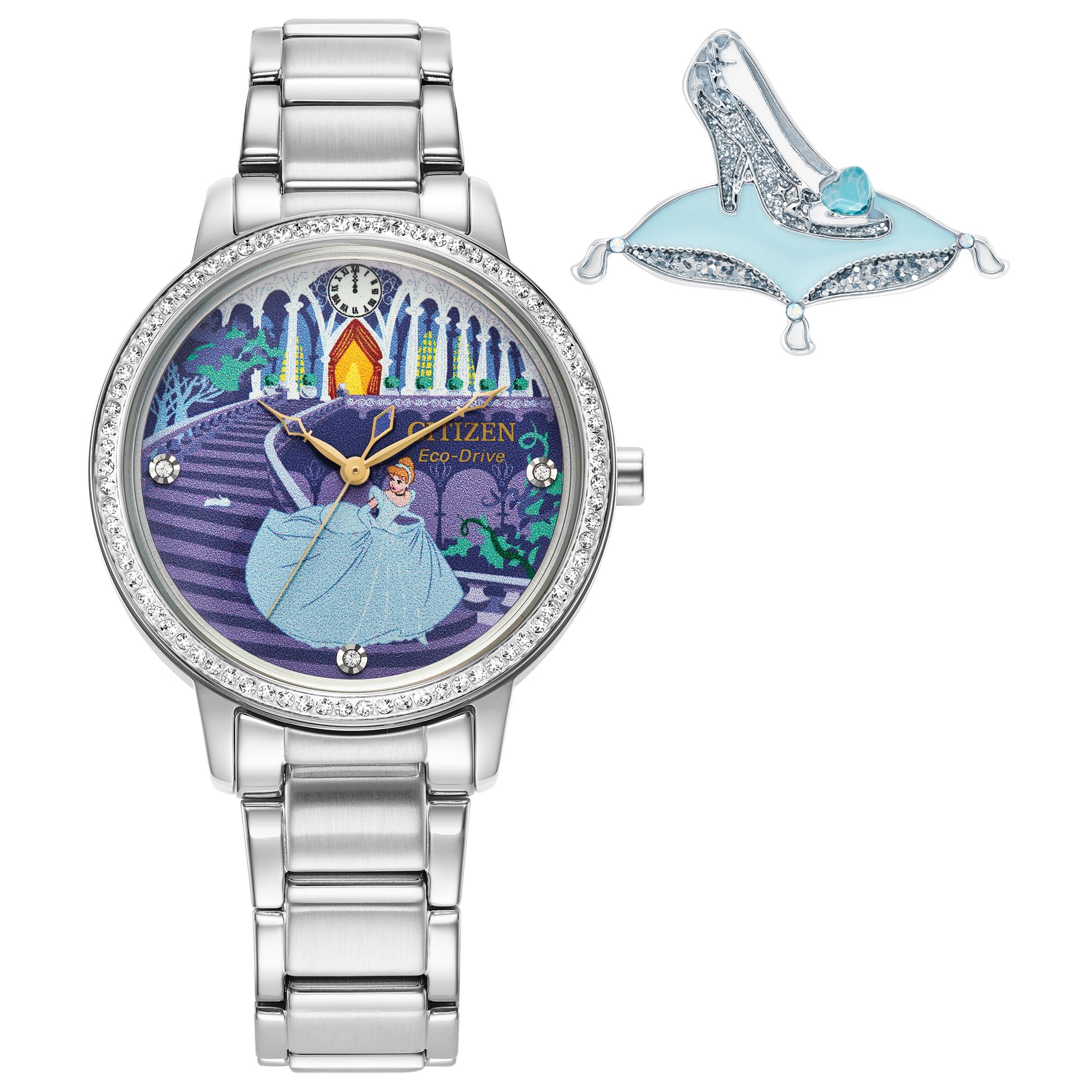 Citizen Women's Eco-Drive Disney Princess Cinderella Crystal Watch and Pin Gift Set in Silver Stainless Steel Watch, Blue Dial (Model: FE7041-51W)