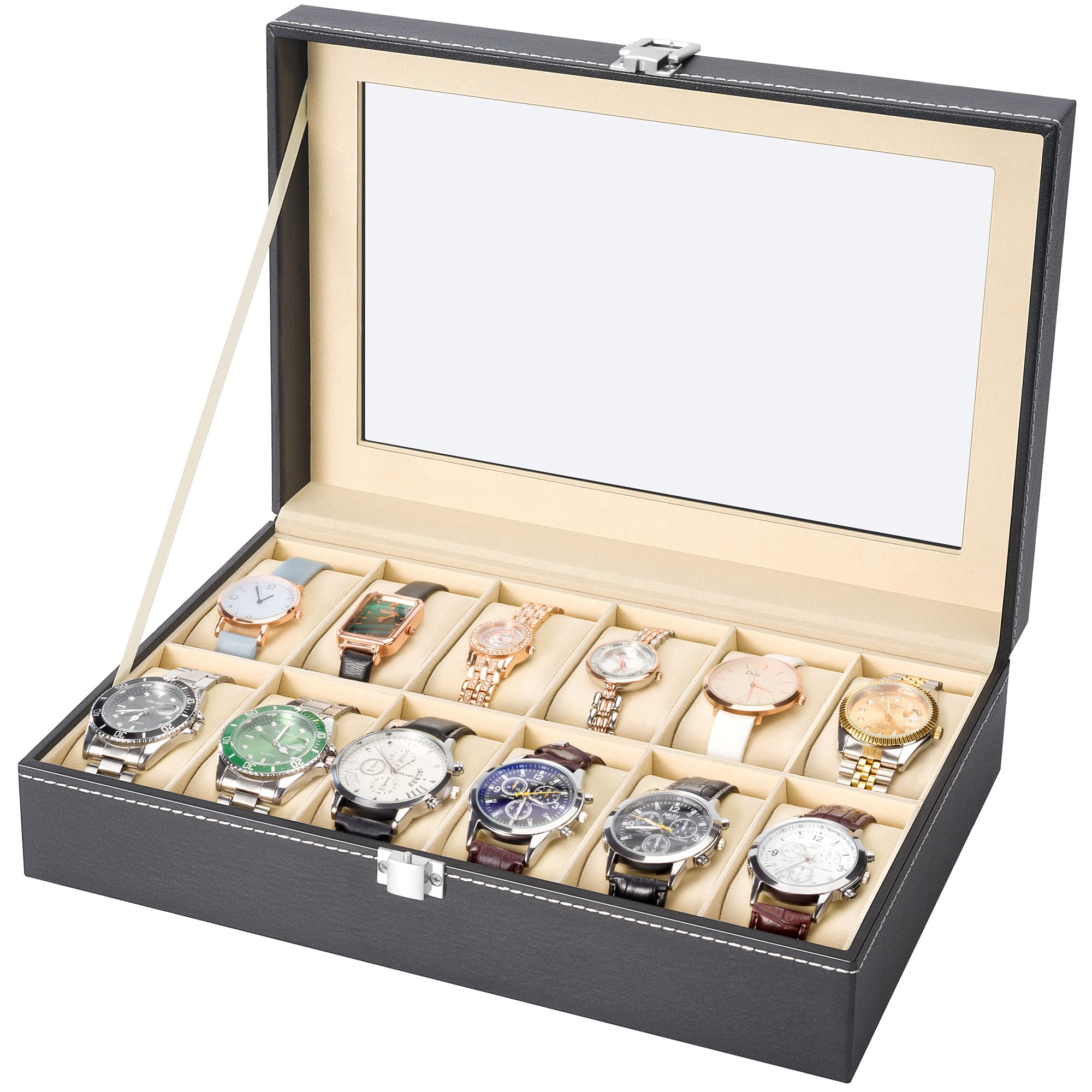 READAEER 12 Slot PU Leather Watch Box Display Case Jewelry Organizer with Glass Top