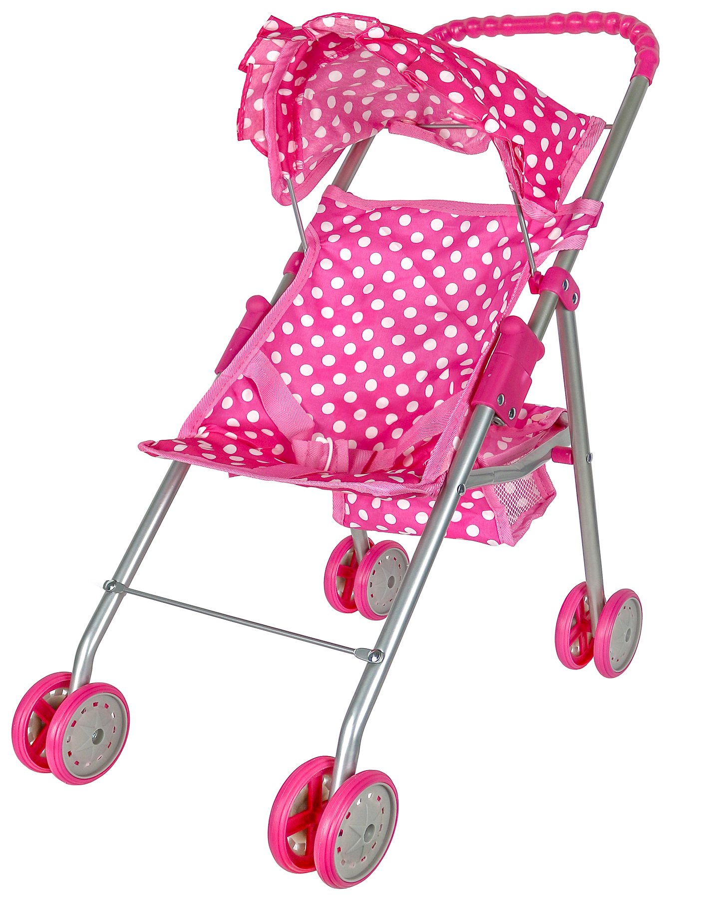 Precious Toys Baby Doll Stroller, Pink & White Polka Dots Baby Stroller for Dolls, Foldable with Hood and Basket, Toy Stroller for Baby Dolls, Doll Strollers for Girls 2 Years Old and Older, Toddlers