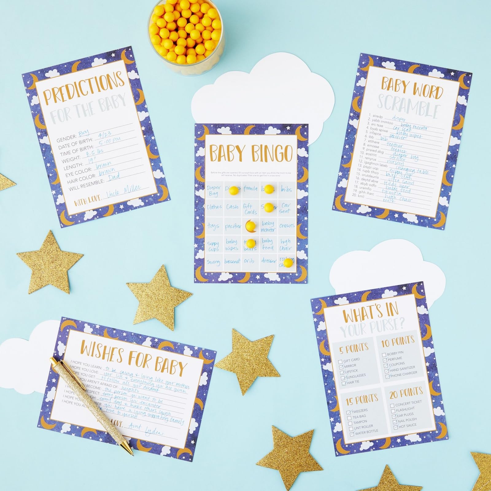 Juvale Set of 5 Baby Shower Games for 50 Guests, Over The Moon, Twinkle Twinkle Little Star Bingo (251 Total Pieces)