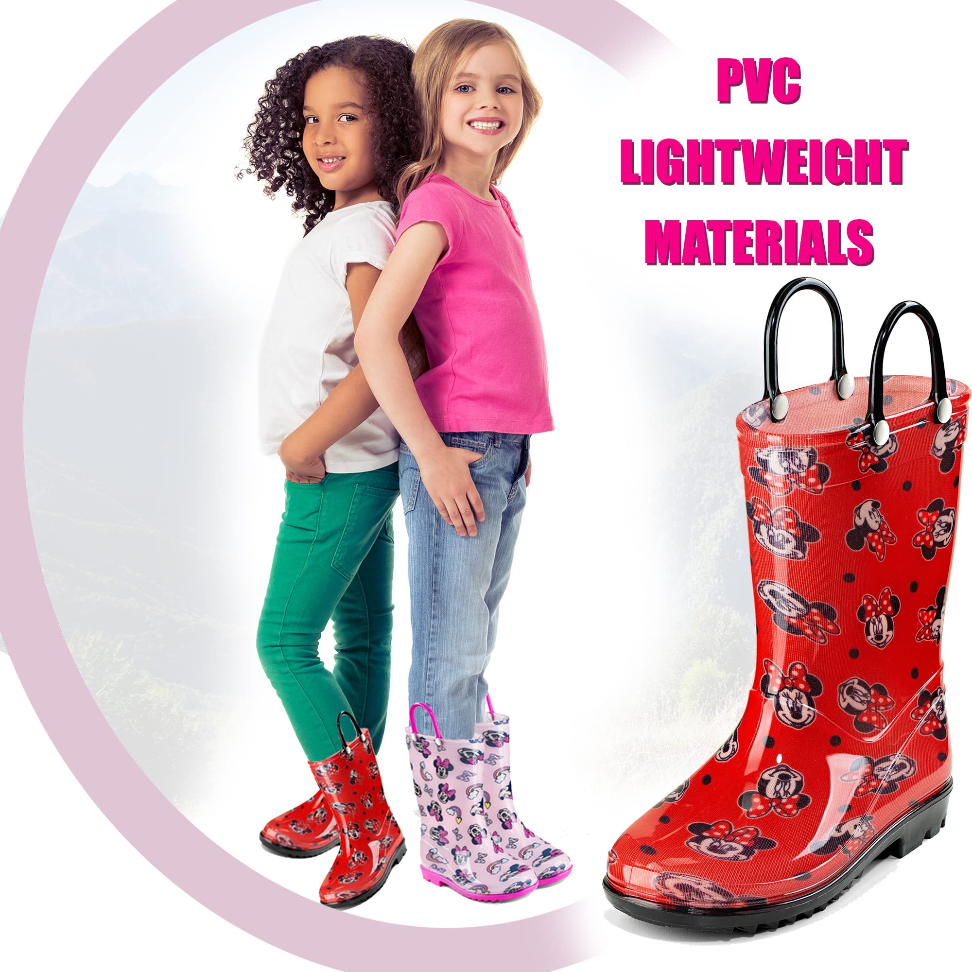 Disney Minnie Mouse Girls PVC Rainboots - Lightweight and Waterproof - Easy-On Handle - Toddler and Little Kid - Pink and Red
