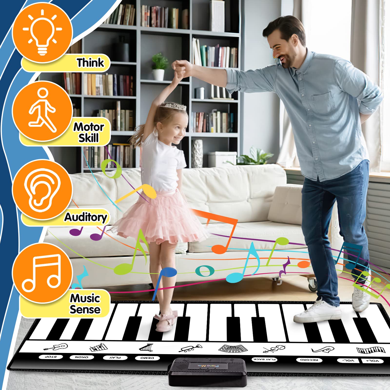 TWFRIC 6ft. Piano Mat with 24 Keys & 10 Demos & 8 Musical Instruments Sounds & 4 Play Modes, Giant Dance Floor Piano Music Play Mat 71'' Large Interactive Musical Toys Gifts for Kids Adults Toddlers