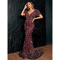 Women's Dress Puff Sleeve Back Floor Length Sequin Prom Dress Summer Dress (Color : Maroon, Size : X-Large)