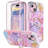 for iPhone 15 Plus Case, Built-in Screen Protector with 360° Ring Holder Kickstand, Full Body Dual Layer Rugged Shockproof Protective Cover for iPhone 15 Plus 6.7 Inch, Pink