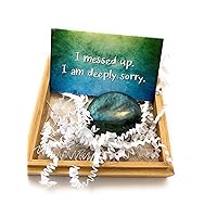 Smiling Wisdom - NEW - I'm Sorry - Light Humored Apology Card With Beautiful Labradorite Healing Palm Keepsake in Bamboo Box (Blue)
