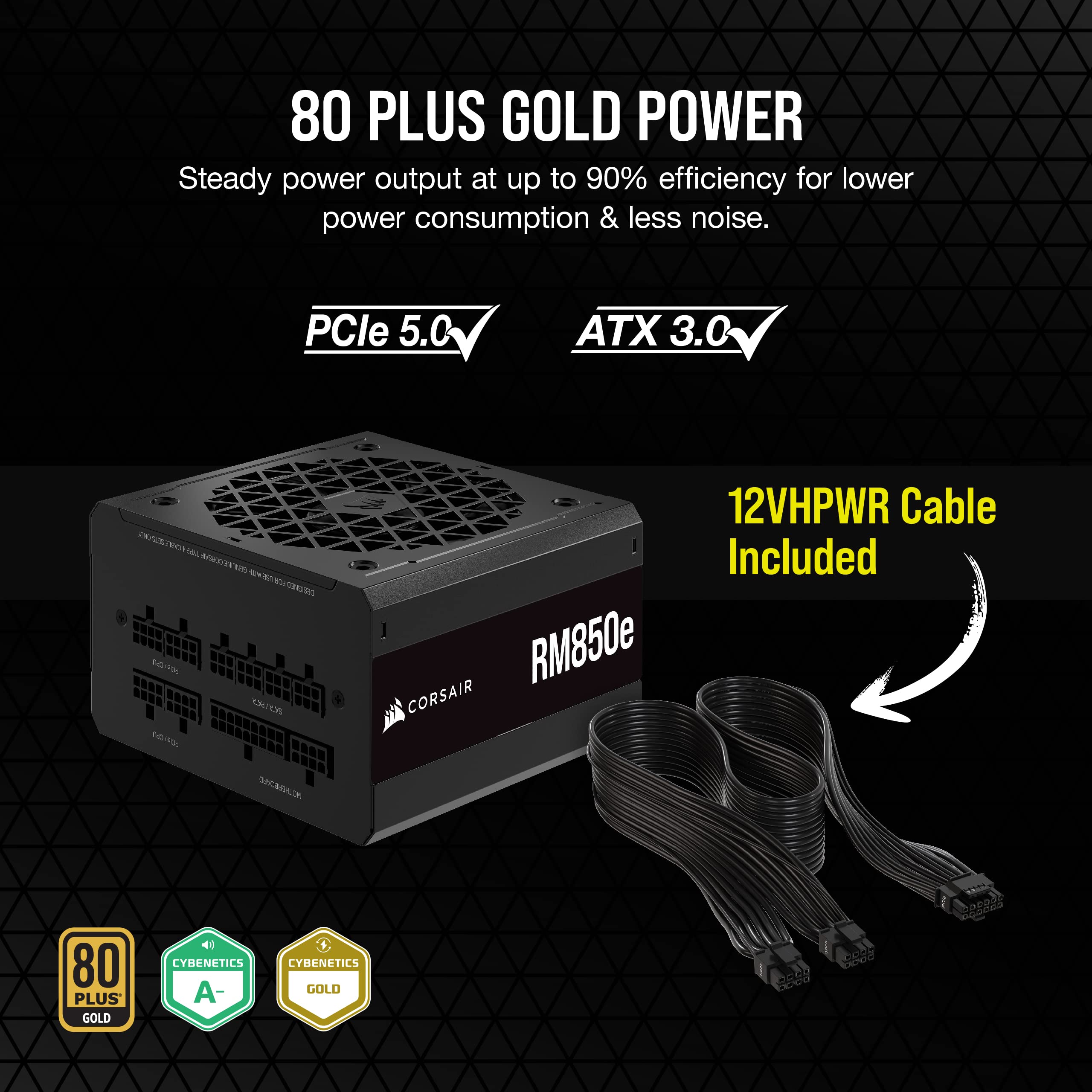 Corsair RM850e (2023) Fully Modular Low-Noise ATX Power Supply - ATX 3.0 & PCIe 5.0 Compliant - 105°C-Rated Capacitors - 80 Plus Gold Efficiency - Modern Standby Support - Black