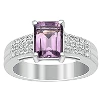 1.5 Ctw Octagon Cut Amethyst Gemstone Trio Line Side stone Solitaire 925 Sterling Silver Women Ring