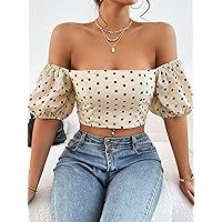 Women's Shirts Women's Tops Shirts for Women Polka Dot Print Off Shoulder Tie Backless Crop Blouse (Color : Apricot, Size : X-Small)
