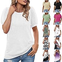 WKSCLPAI Womens Lace Sleeve Summer Tops 2024 Solid Swiss Dot Dressy Blouses Tees Crew Neck Short Sleeve Casual Loose Shirts