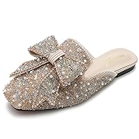 Women's Rhinestone Bow Flat Mules Comfortable Square Toe Slip on Penny Loafers Ladies Baotou Clogs Half Slides Mules