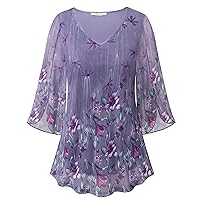 Bebonnie Womens Ruffle 3/4 Sleeve V Neck Double Layers Mesh Blouses Loose Fit Flowy Tunic Tops