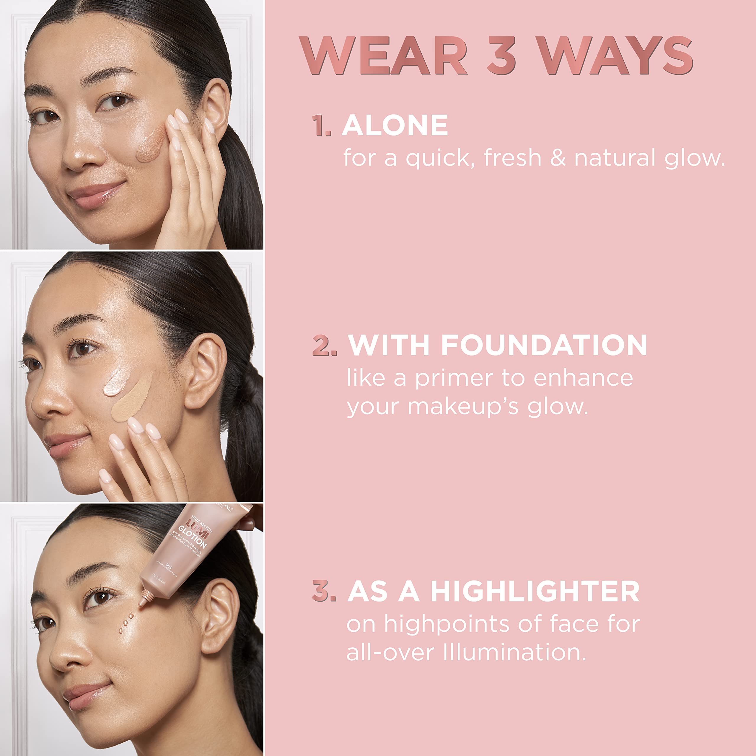 L’Oréal Paris Makeup True Match Lumi Glotion, Natural Glow Enhancer, Illuminator Highlighter Skin Tint, for an All Day Radiant Glow, Medium, 1.35 Ounces