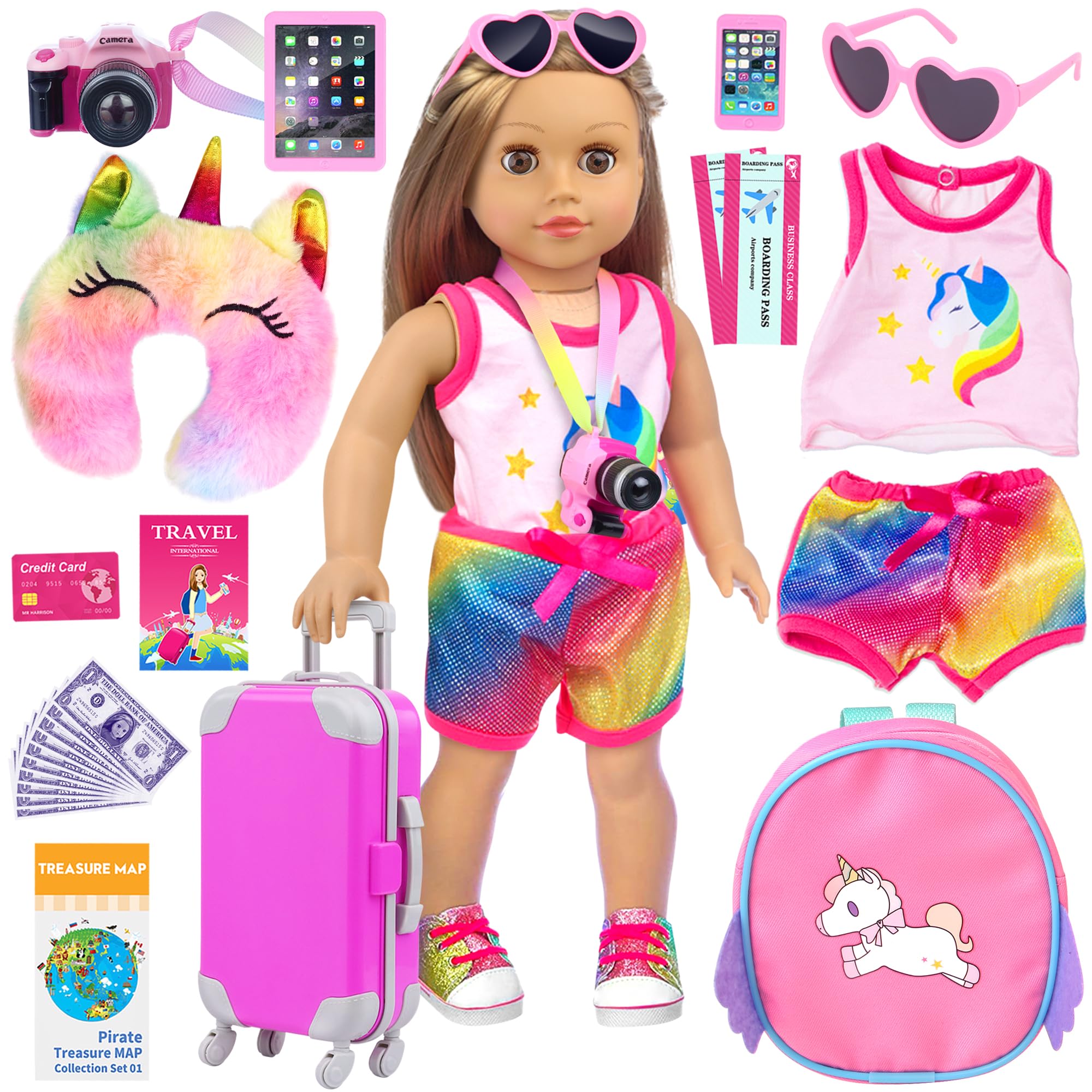 ZITA ELEMENT 24 Pcs 18 Inch Girl Doll Accessories Suitcase Luggage Travel Set Including 18 Inch Doll Clothes Luggage Pillow Blindfold Sunglasses Camera Computer Cell Phone Ipad and Other Stuff
