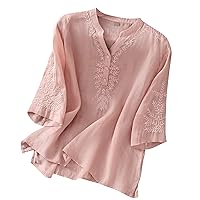 Women's Cotton Linen Button Down Tunic Tops 3/4 Sleeves Embroidery Blouse