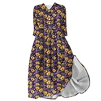 Plus Size Lace-Up Henley Shirt Dress Women Boho Floral 3/4 Sleeve Beach Dresses Summer Casual Lapel A-Line Dresses