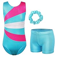 TFJH E 3 in 1 pcs Gymnastics Leotards for Girls Practice Outfits Shorts Set Shiny Diamond Activewear 5-12Y