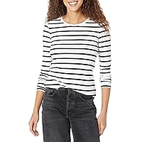 Amazon Essentials Women's Classic-Fit Long-Sleeve Crewneck T-Shirt (Available in Plus Size), Black/White Stripe, X-Small