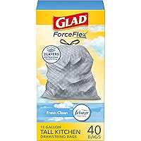 Glad ForceFlex Tall Kitchen Drawstring Trash Bags, Fresh Clean, 13 Gal, 40 Ct (Package May Vary)