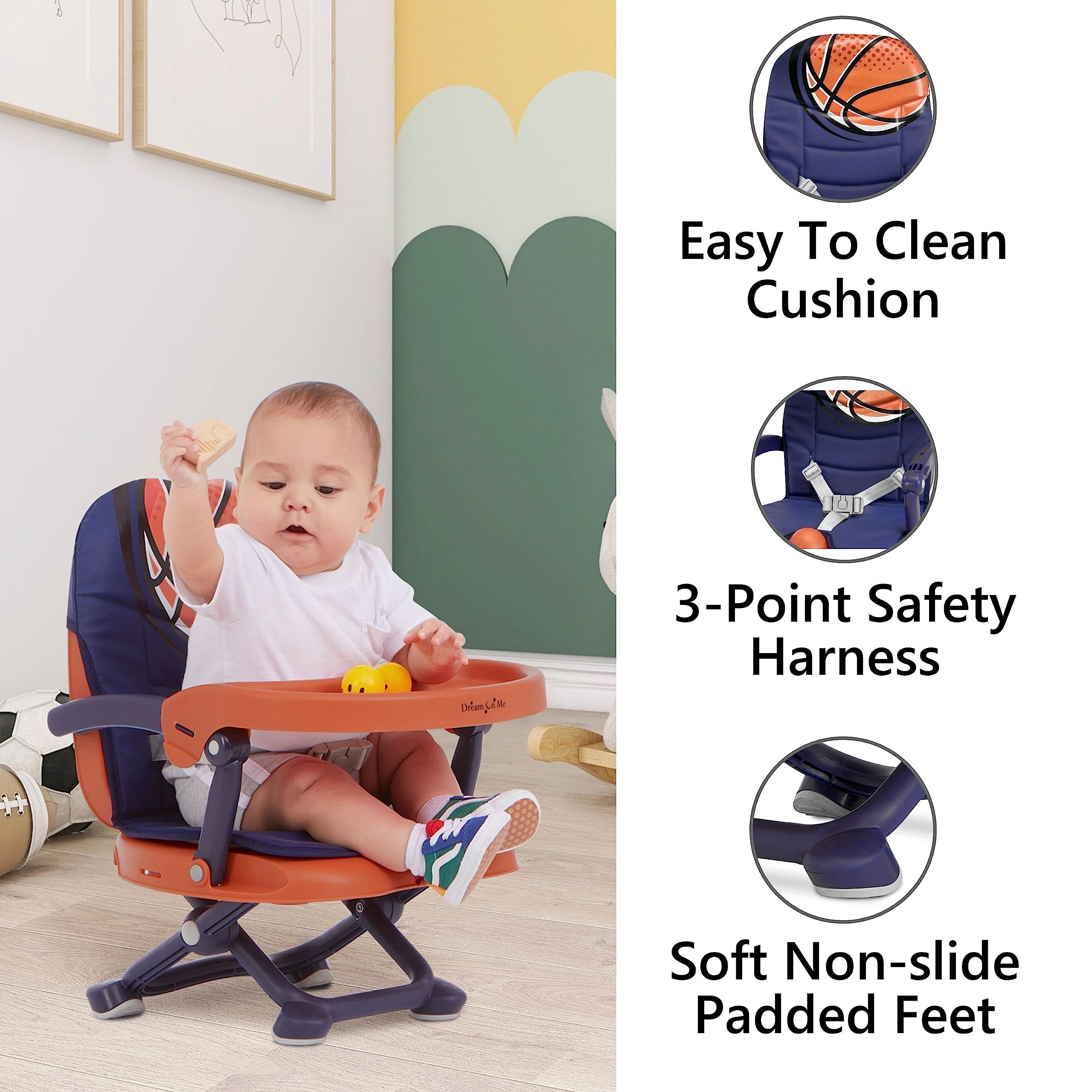 Dream On Me Munch N Go Booster Seat for Dining Table, Lightweight Compact Fold Travel Booster Seat, 3-in-1 Convertible, Four Level Height Adjustment and Easy Tray Removal