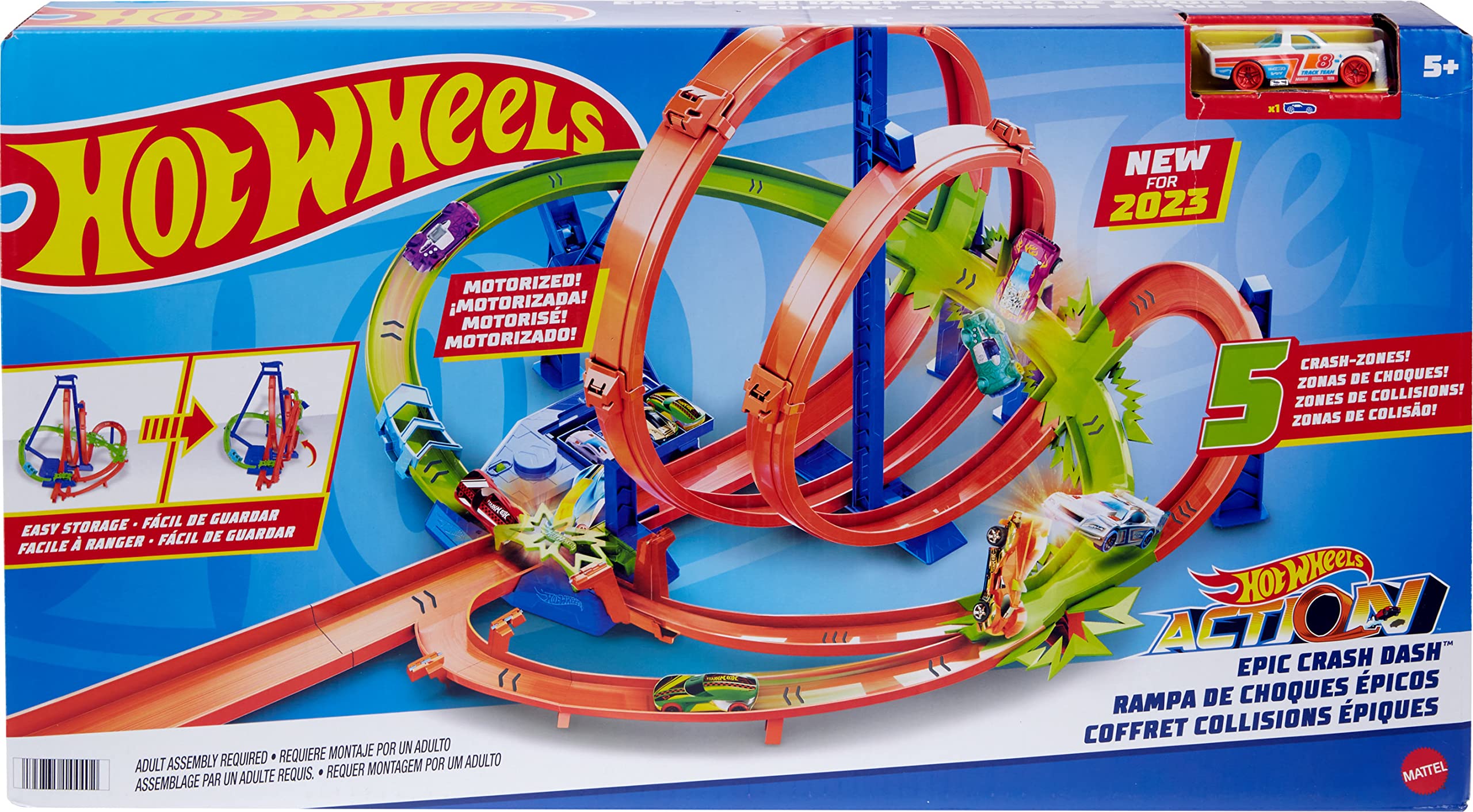 Hot Wheels Track Set, Epic Crash Dash with 5 Crash Zones, Motorized Booster and 1 Hot Wheels 1:64 Scale Toy Car, Easy Storage
