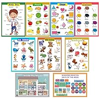 9 Laminated Educational Wall Charts|School Classroom Posters|Class Decorations for Kindergarten-Wild/Farm/Sea Animal,Body Boy,Fruit,Color,Shape,House,Seasons/Months/Days of The Week