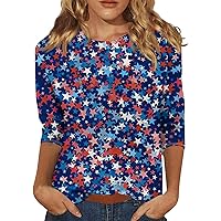 4th of July Women's Shirts Plus Size American Flag Printed 3/4 Length Sleeve Crewneck Blouse Independence Day Tees