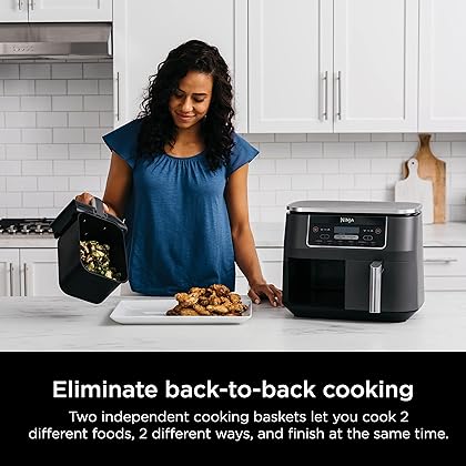 Ninja DZ201 Foodi 8 Quart 6-in-1 DualZone 2-Basket Air Fryer with 2 Independent Frying Baskets, Match Cook & Smart Finish to Roast, Broil, Dehydrate & More for Quick, Easy Meals, Grey