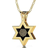Star of David Necklace Spiritual Kabbalah Pendant with Sacred 72 Names Inscribed in Hebrew in 24K Gold in Miniature Text on Black Onyx Gemstone, 20