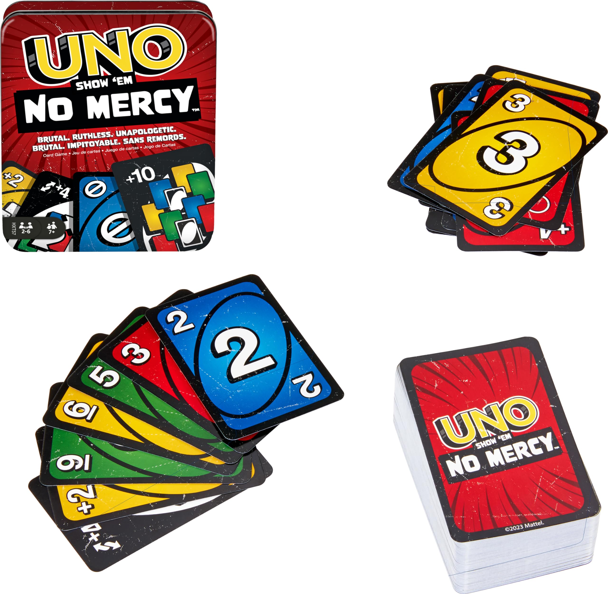 Mattel Games UNO Show ‘em No Mercy Card Game in Storage & Travel Tin for Kids, Adults & Family Night with Extra Cards, Special Rules & Tougher Penalties (Amazon Exclusive)