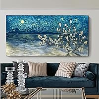 Extra Large Wall Art for Living Room Modern Framed Floral Tree Picture Blue Teal Canvas Print Flower Lake Artwork Plum Blossom Starry Night Abstract Landscape Painting Home Bedroom Office Decor