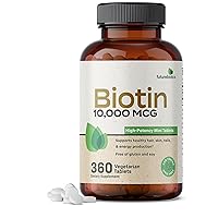 Biotin 10,000 MCG High Potency Tablets Supports Healthy Hair, Skin & Nails & Energy Production, Non-GMO, 360 Vegetarian Tablets