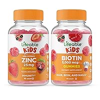 Zinc 25mg Kids + Biotin Kids, Gummies Bundle - Great Tasting, Vitamin Supplement, Gluten Free, GMO Free, Chewable Gummy