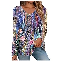 White Button Down Shirt Women,Tops for Women Long Sleeve V Neck Retro Printed Loose Fit Tunic T Shirts 2024 Summer Fashion Cute Tee Blouse Halter Tops for Women