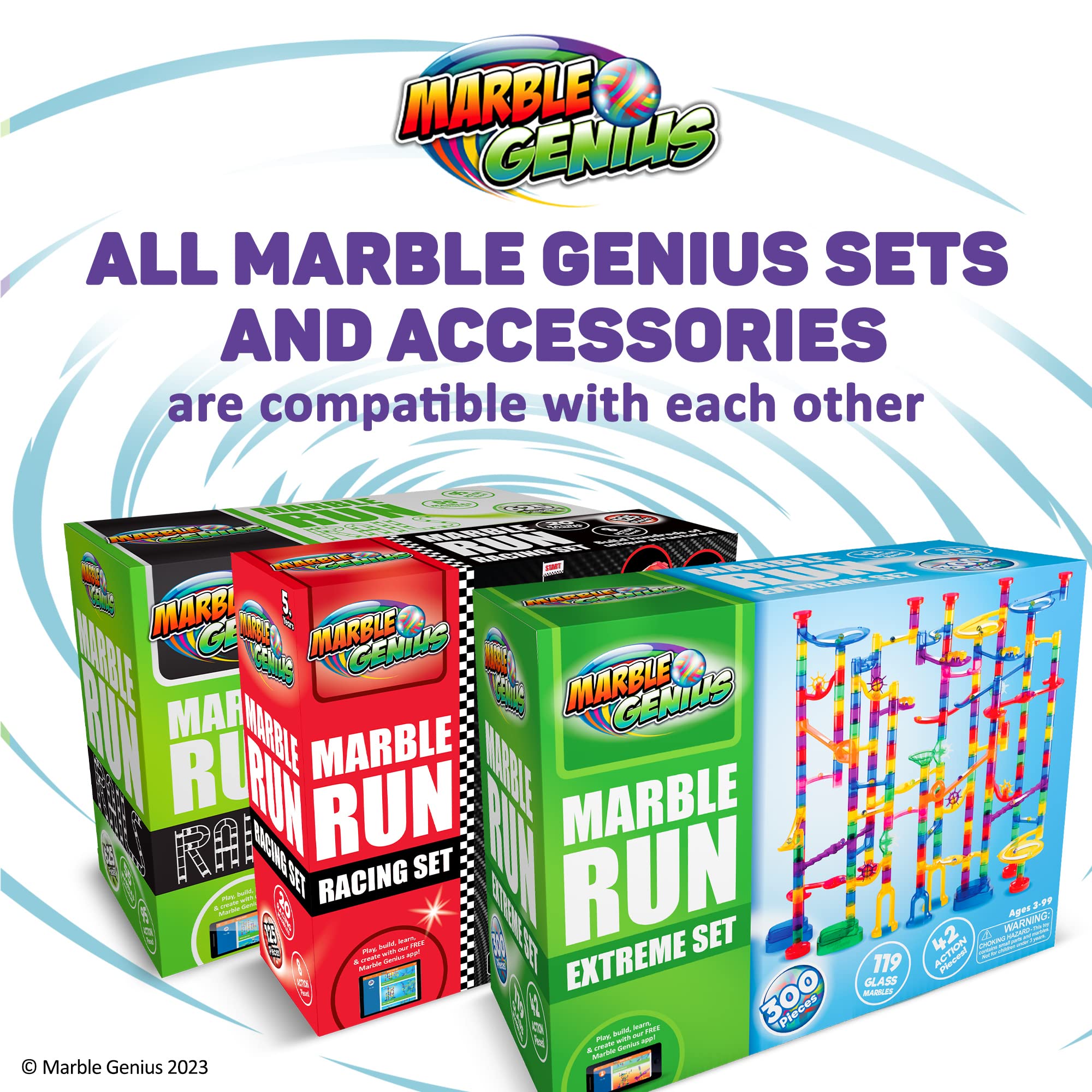 Marble Genius Marble Run (300 Complete Pieces) Maze Track or Race Game for Adults, Teens, Toddlers, or Kids Aged 4-8 Years Old, (118 Translucent Marbulous Pieces + 119 Glass-Marble Set), Extreme Set