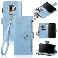 Antsturdy Samsung Galaxy S9+ /S9 Plus Wallet case with Card Holder for Women Men,Galaxy S9+ /S9 Plus Phone case RFID Blocking PU Leather Flip Cover with Strap Zipper Credit Card Slots,Sky Blue