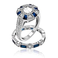 Women's Platinum Plated Baguette Cut Blue Cubic Zirconia 2 Pcs Engagement Wedding Band Rings Set Gift (Size 6 7 8 9 10) RJ497