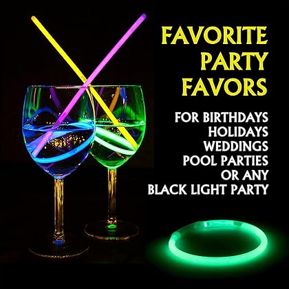 Party On Glow Sticks Bulk Party Supplies. 100 Pack. 8 Inch Glow in the Dark Sticks, Light Up Party Favors. Neon Glow Bracelets and Glow Necklaces with Connectors. Glow Party Decorations