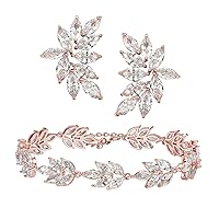 SWEETV Rose Gold Marquise Bridal Wedding Earrings Bracelets Set for Brides Bridesmaid, Cubic Zirconia Rhinestone Cluster Earrings and Earrings for Women, Prom