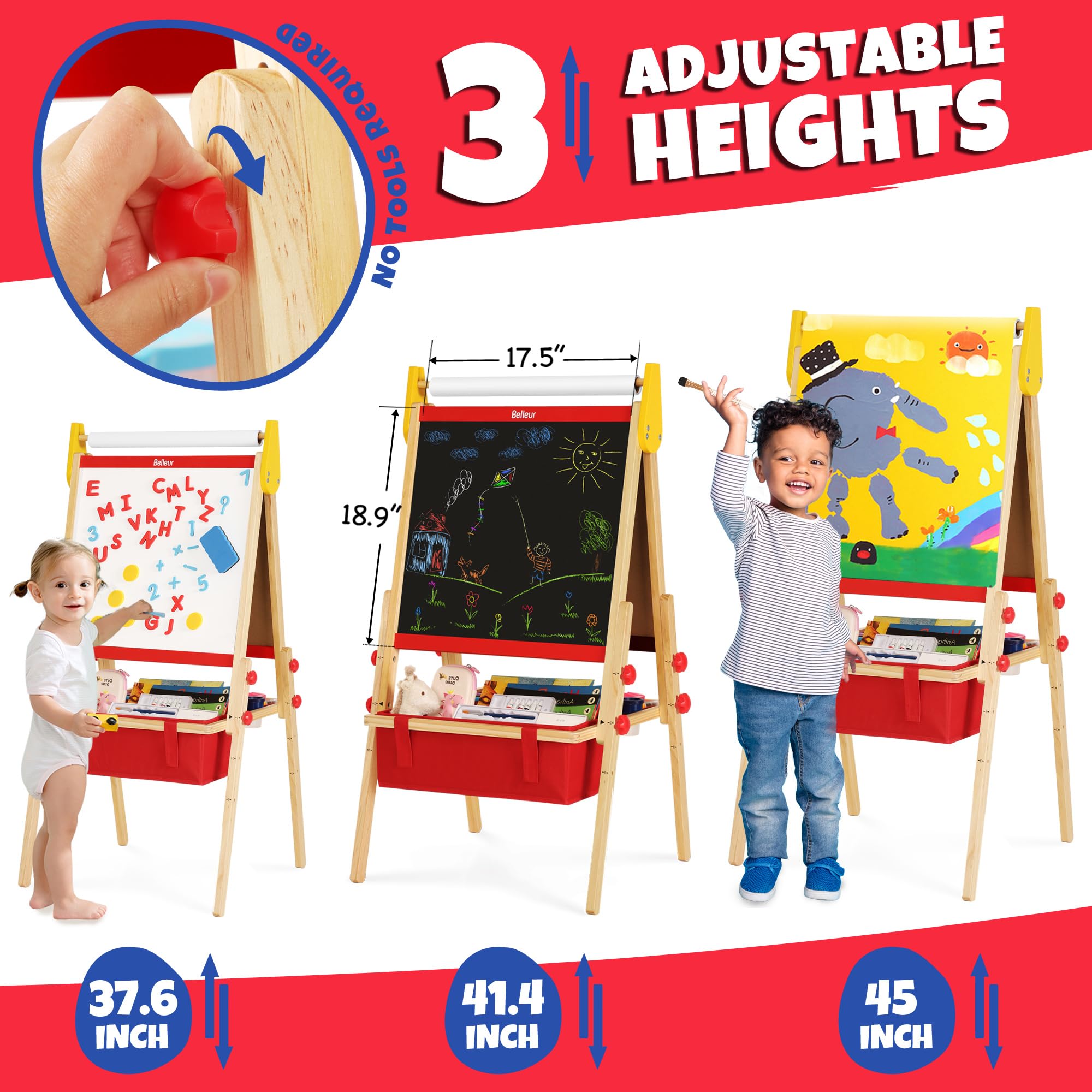 Belleur All-in-One Art Easel for Kid-100+ Accessories, Double-Sided Wooden Kid Easel with Chalkboard & Whiteboard, Finger Paints, Adjustable Art Kid Easel with Paper Roll for Toddler 2-8