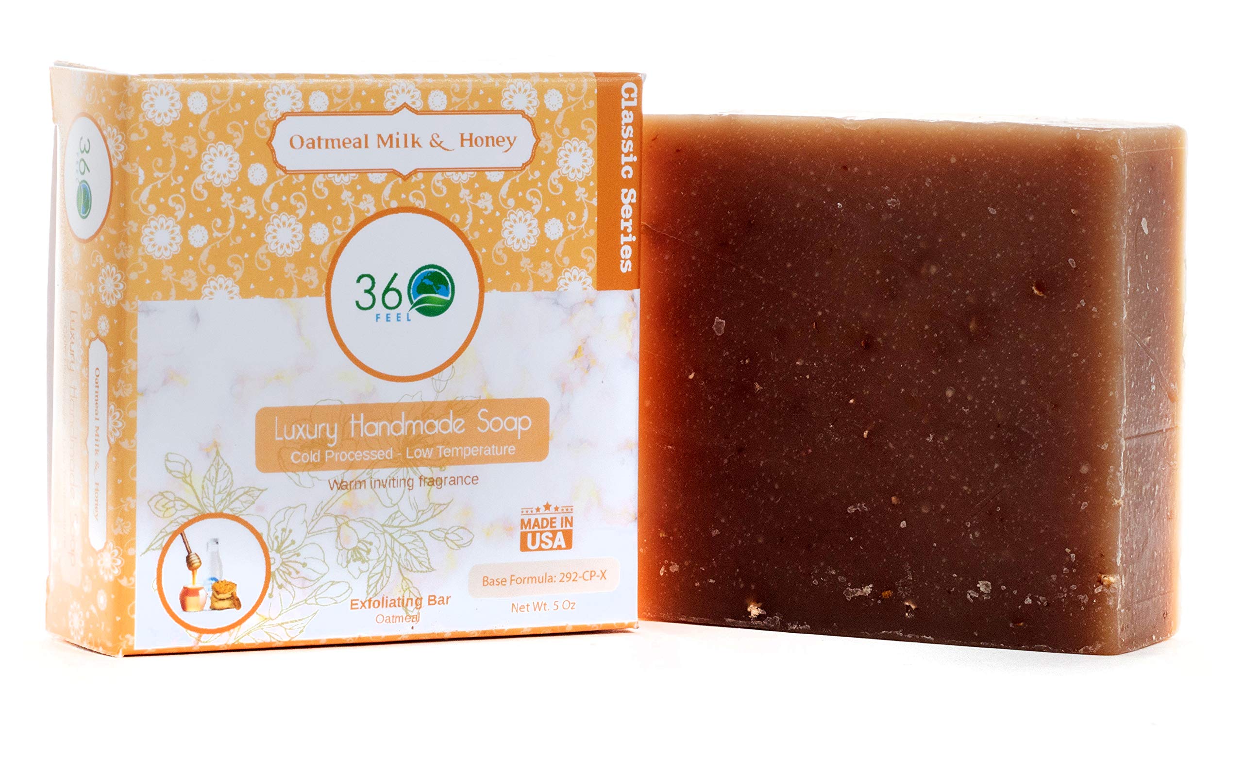 360Feel Oatmeal Milk & Castile Handmade Soap Bar - Warm inviting fragrance - exfoliant - Essential Oil Natural Soaps- Great as Anniversary Wedding Gifts Christmas stocking stuffer Honey, Brown, 5 Oz