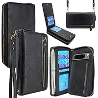 Lacass Case Wallet for Google Pixel 8 Pro 5G 2023, Crossbody Dual Zipper Detachable Magnetic Leather Wallet Cover Wrist Strap with 13 Card Slots(Black)
