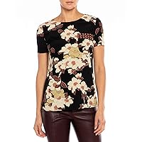 Women's Short Sleeve Blouse in Cherry Blossom Floral with Small Geometric Patch Pocket