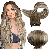 Full Shine Sew In Hair Extensions Balayage Hair Extensions Sew In Real Human Hair Extensions For Women Color Chestnut Brown To Platinum Blonde Mix Brown Hair Weft Human Hair Sew In 105G 16 Inch