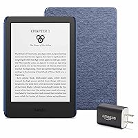 Kindle Essentials Bundle including Kindle (2022 release) - Black - Without Lockscreen Ads, Fabric Cover - Denim, and Power Adapter