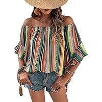 COZYEASE Women's Boho Striped Print Off Shoulder Half Bell Sleeve Blouse Shirts Summer Tops